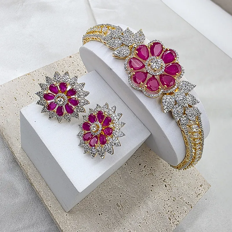 Ruby Floral CZ Choker Necklace with Stud Earrings - Image 2