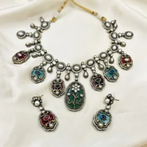 Alternative view of Handcrafted Oxidised Floral Choker Necklace Set with Multicolor Stone