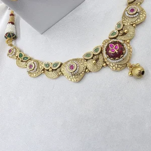 Heritage Lakshmi Temple Necklace Set with Green & Ruby Stones - Image 4