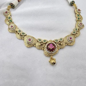 Heritage Lakshmi Temple Necklace Set with Green & Ruby Stones - Image 3
