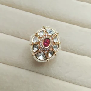 Alternative view of Royal Ruby Kundan Statement Ring with Pearl Border