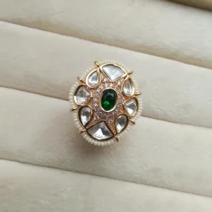 Alternative view of Royal Green Kundan Statement Ring with Pearl Border