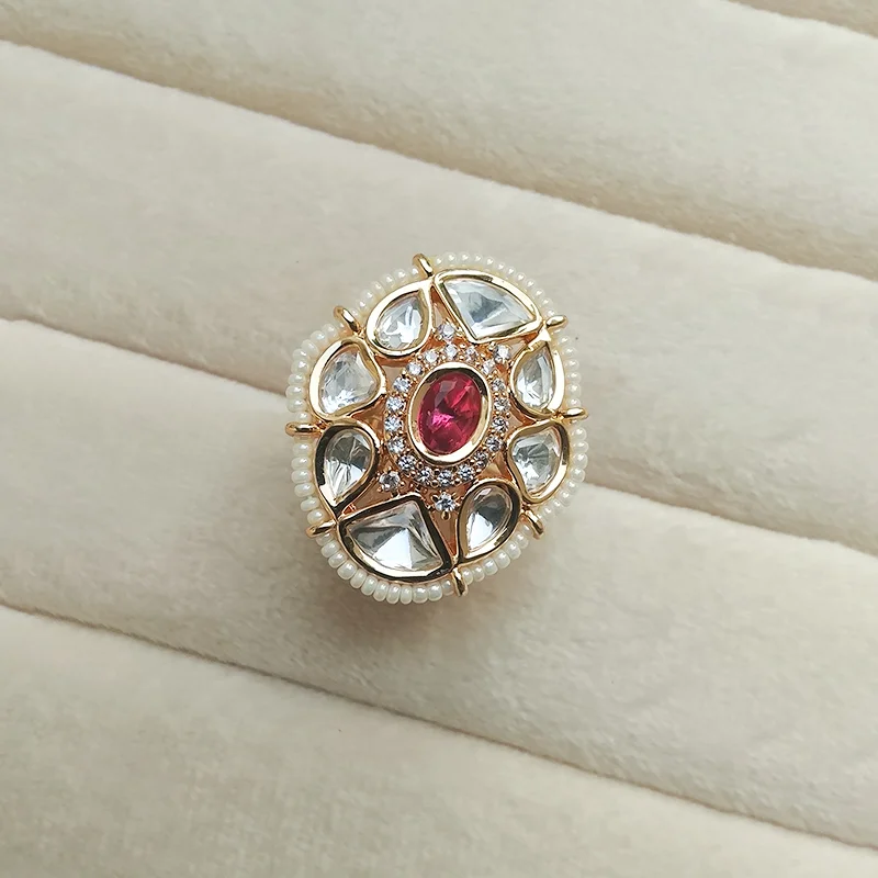 Royal Ruby Kundan Statement Ring with Pearl Border - Image 2