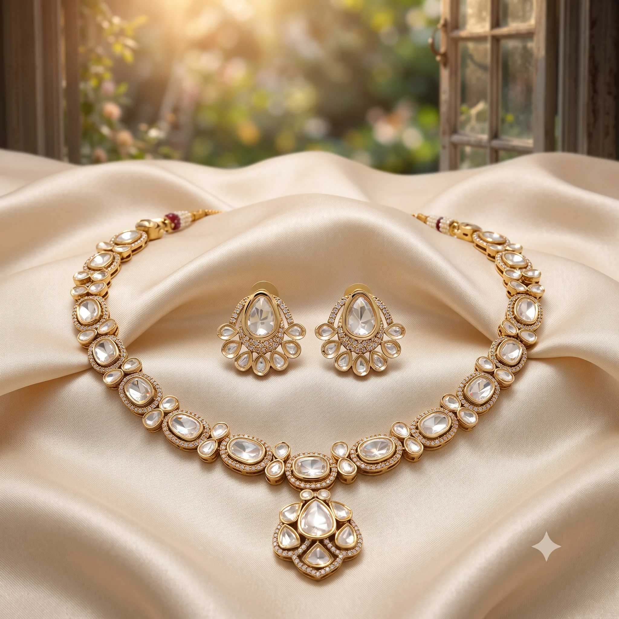 Classic Kundan Teardrop Necklace Set with Stud Earrings - Image 2