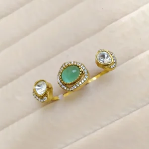 Mint Kundan Triple Stone Statement Ring