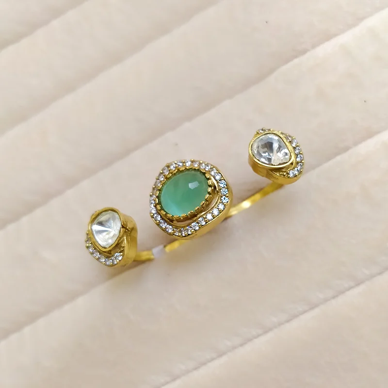 Mint Kundan Triple Stone Statement Ring