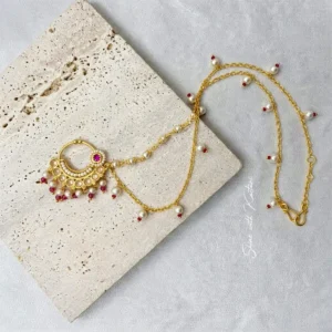 Alternative view of Ruby Pearl Bridal Nose Ring with Double Chain