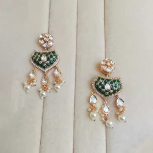 Emerald Pearl Kundan Layered Necklace Set with Earrings - Image 3