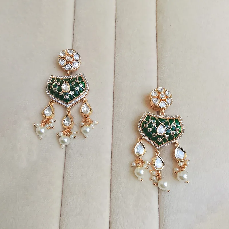 Emerald Pearl Kundan Layered Necklace Set with Earrings - Image 3
