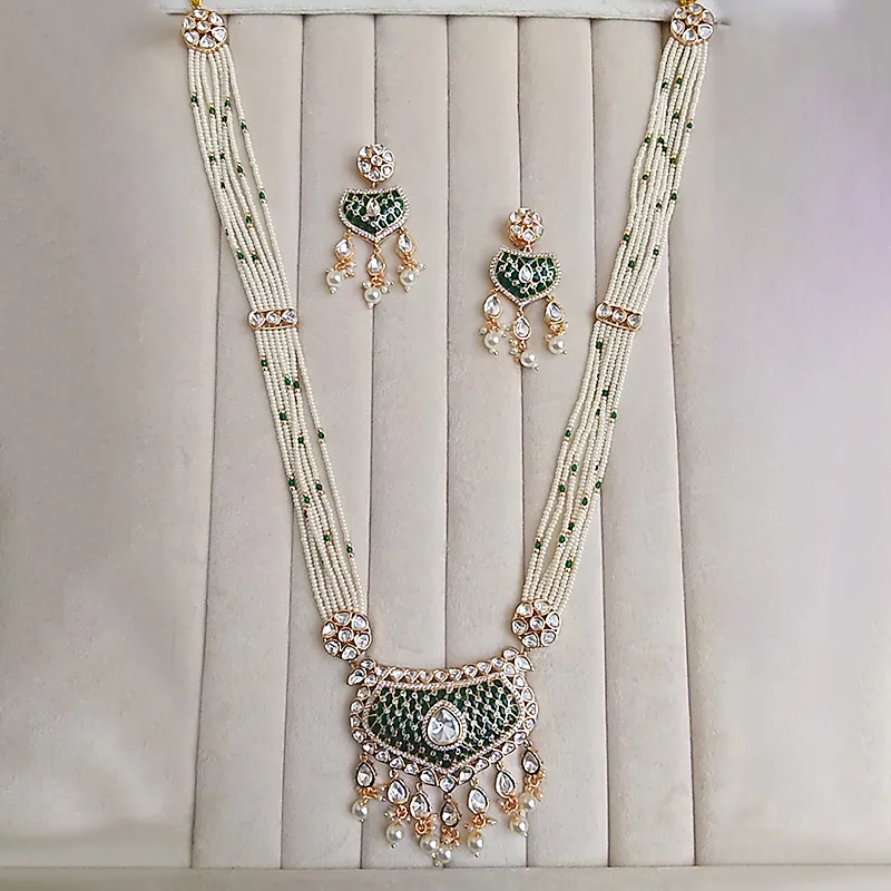 Emerald Pearl Kundan Layered Necklace Set with Earrings - Image 2