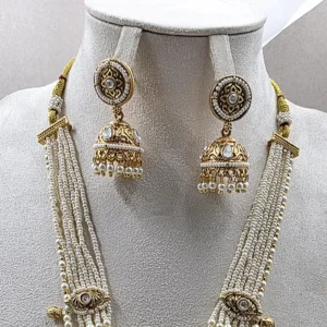 Regal Beads Long Necklace & Jhumka Set, White - Image 4
