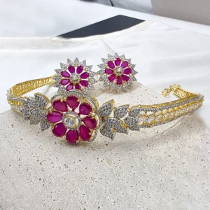 Ruby Floral CZ Choker Necklace with Stud Earrings - Image 3