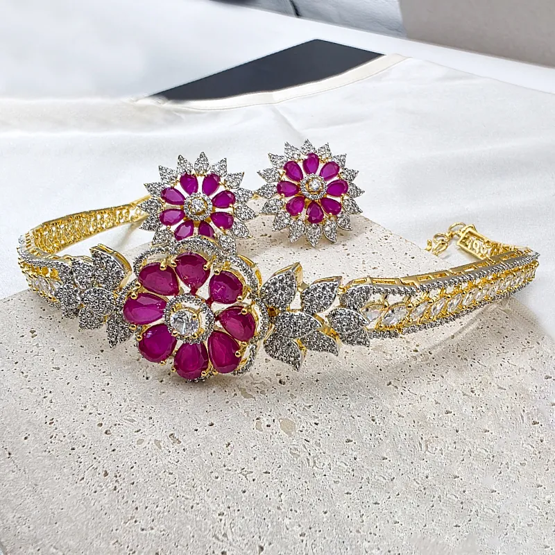 Ruby Floral CZ Choker Necklace with Stud Earrings - Image 3