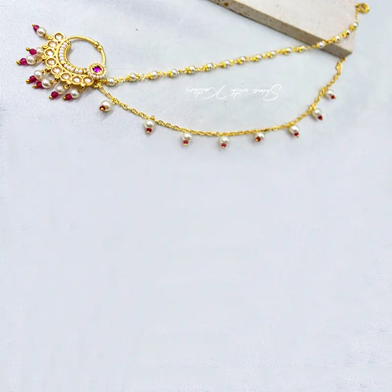 Ruby Pearl Bridal Nose Ring with Double Chain - Image 5