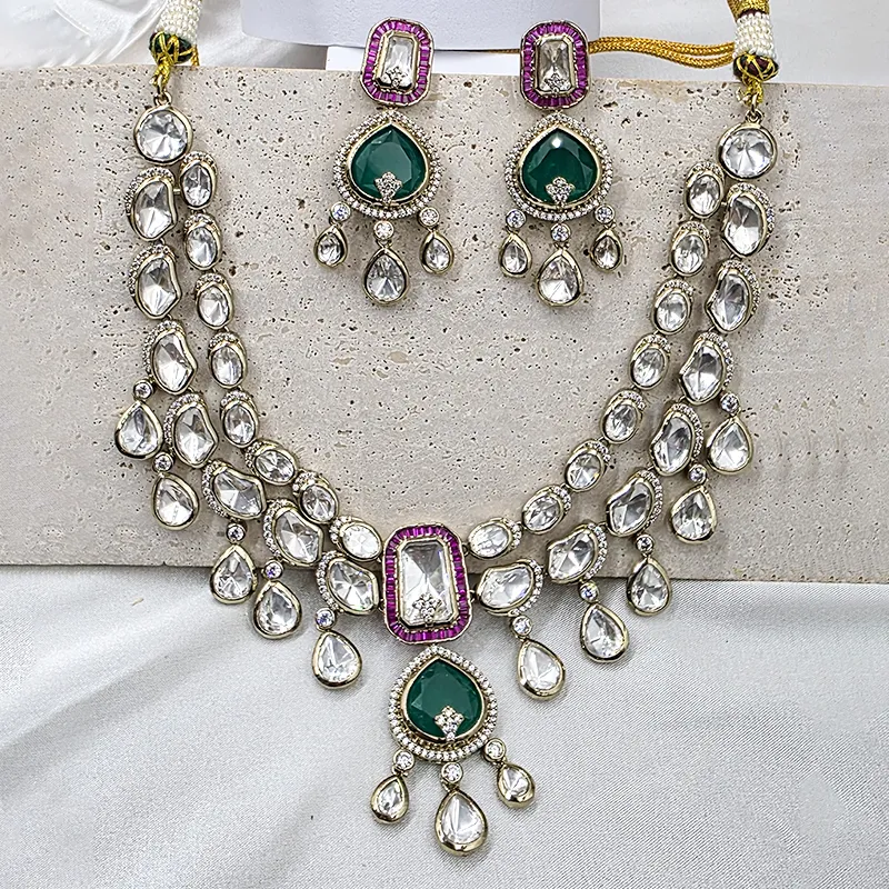 Statement Kundan Layered Bridal Necklace, Ruby Green - Image 2