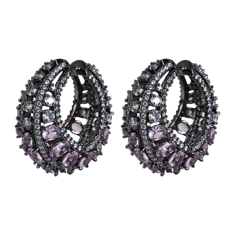 Lavender CZ Crystal Rhodium Hoop Earrings - Image 3