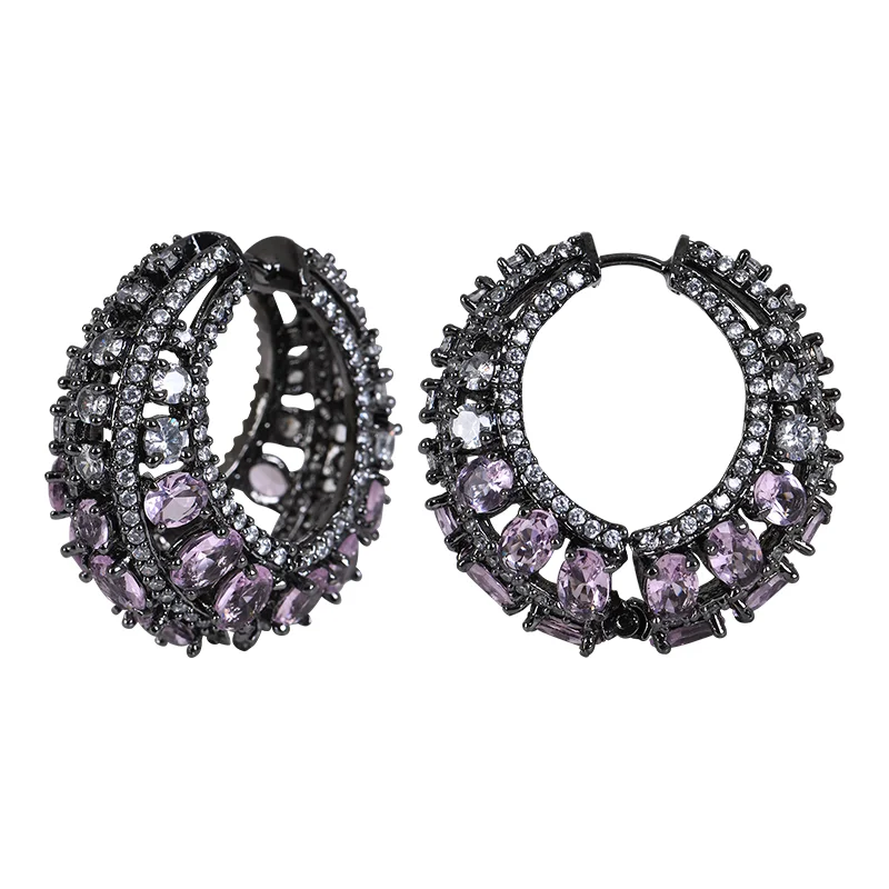 Lavender CZ Crystal Rhodium Hoop Earrings - Image 2