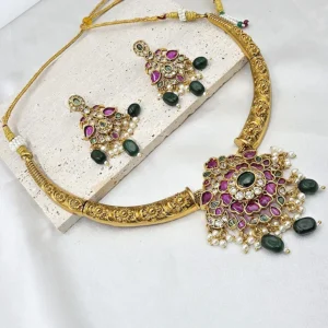 Traditional Gold Plated Kundan Necklace Set, Ruby Green - Image 3