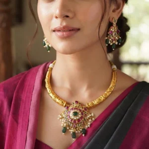 Alternative view of Traditional Gold Plated Kundan Necklace Set, Ruby Green