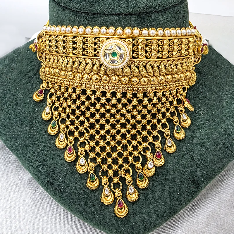 Royal Kundan Jadau Choker Necklace with Multicolor Stone Drops - Image 2