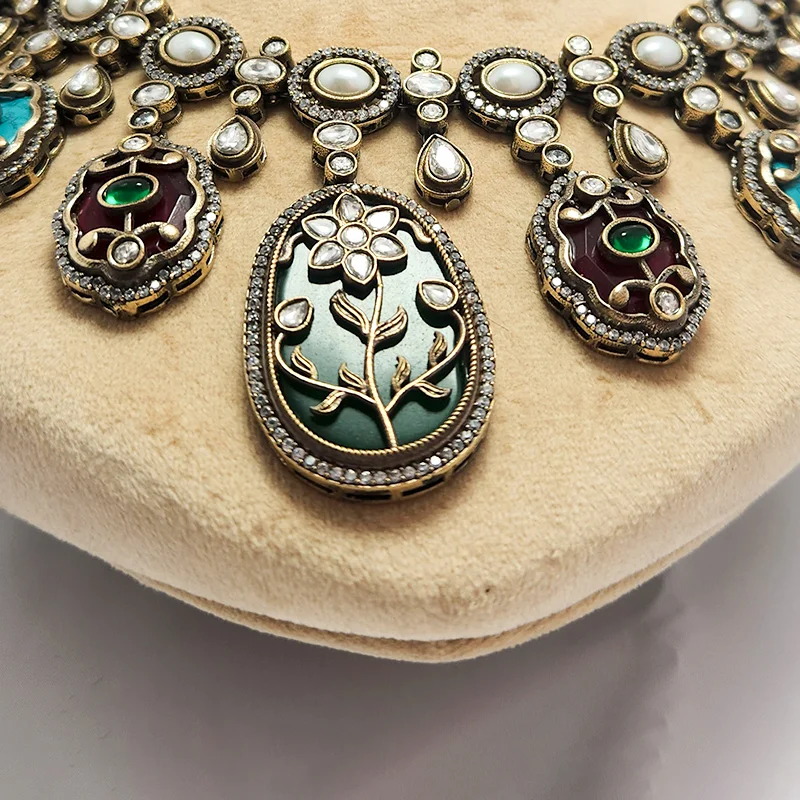 Multicolour Kundan Meenakari Statement Oxidised Necklace - Image 3