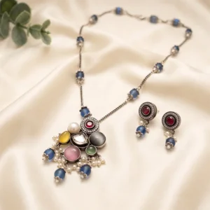Multicolor Blue & Ruby Pendant Necklace with Matching Earrings