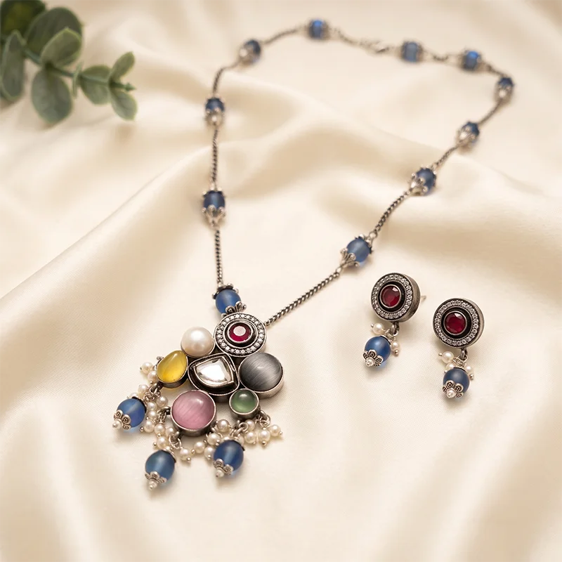 Multicolor Blue & Ruby Pendant Necklace with Matching Earrings