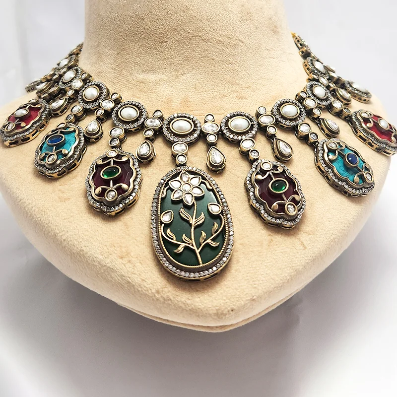 Multicolour Kundan Meenakari Statement Oxidised Necklace