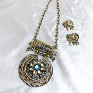 Alternative view of Oxidised Silver Necklace Set with Blue Stone