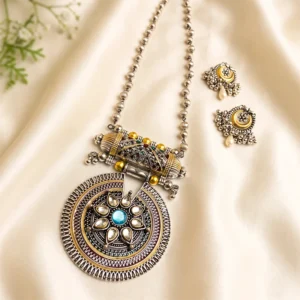 Oxidised Silver Necklace Set with Blue Stone