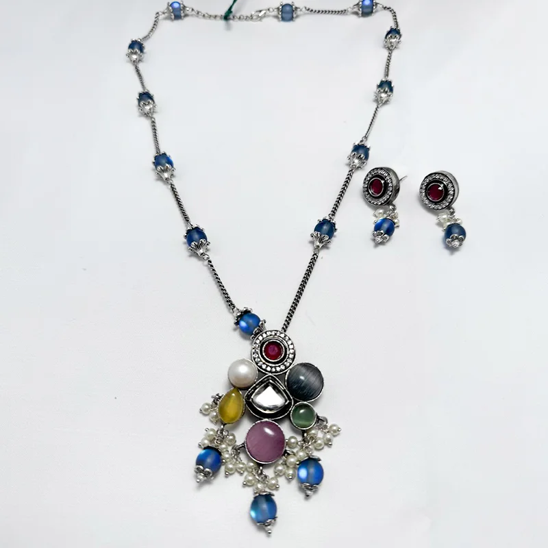 Multicolor Blue & Ruby Pendant Necklace with Matching Earrings - Image 2