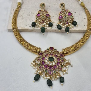 Alternative view of Traditional Gold Plated Kundan Necklace Set, Ruby Green